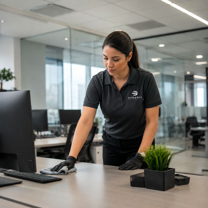 Commercial cleaning team maintaining an office lobby